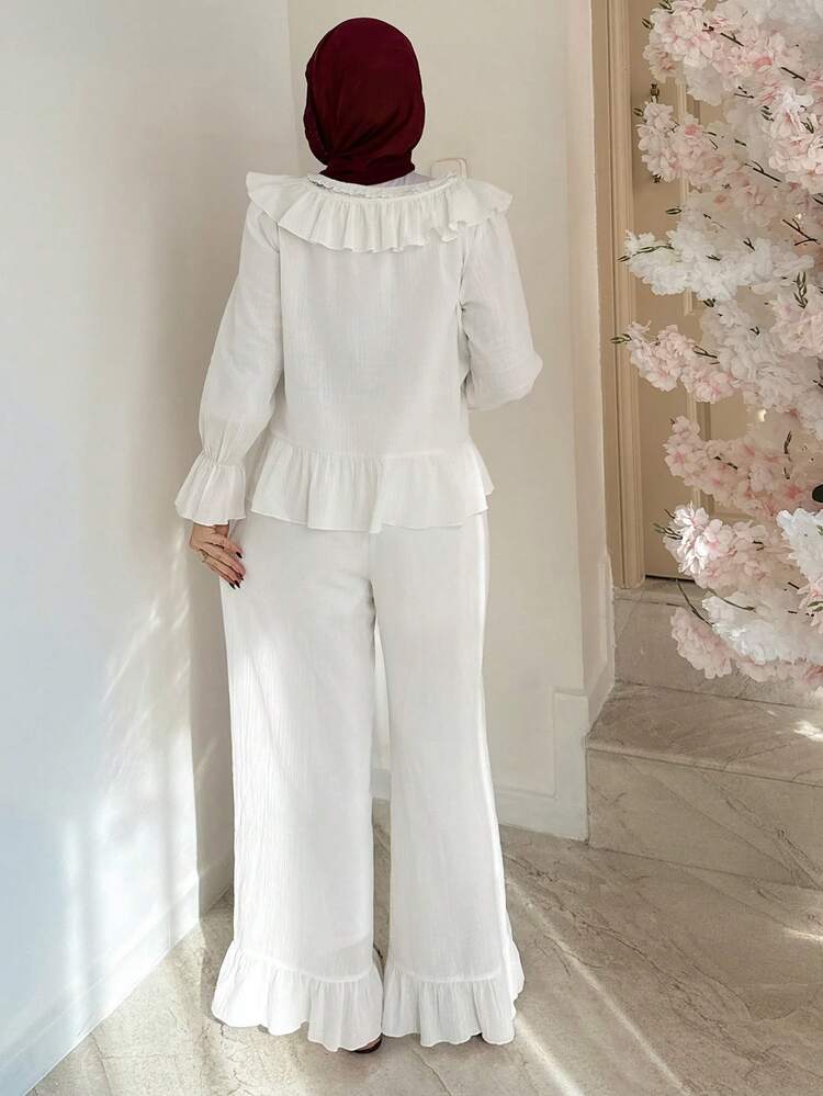Romantic Lightweight Textured Fabric Ruffle Trim Women Pajama Set