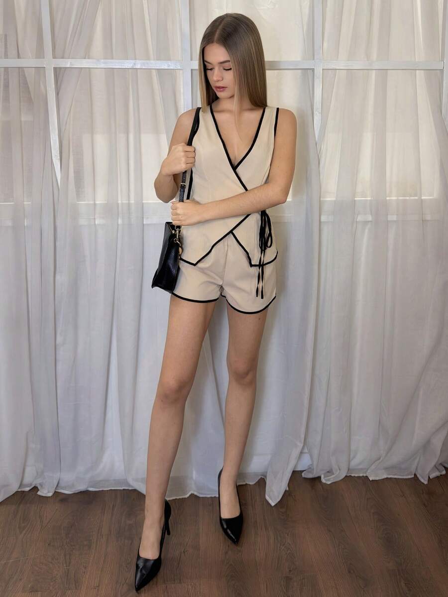 Aless PB 女式系带无袖上衣和短裤休闲两件套 - 杏色 - 查看 1