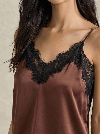 Briarwyn 2026 New Arrive Women's Contrast Color Lace Patchwork Spaghetti Strap Sleeveless Elegant Tank Top, Summer,Satin,Brown