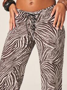 MISSGUIDED Women's Textured Zebra Print Wide Leg Flare Pants With Tie Detail Front High Rise Casual Palazzo Pants - Multicolor - View 4