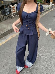 DAZY Women's Korean Style Ruffle Trim Denim Effect Shirt And Elongated Pants 2 Pieces Set - Blue - View 6