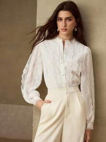 MOTF PREMIUM LACE WHITE MOCK NECK SCALLOP TRIM LANTERN SLEEVE SHIRT - White - View 1