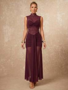 Lumalex Đầm không tay cổ xếp ly phối lưới màu trơn dành cho nữ - Màu Đỏ Sâu - Xem 5