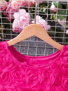 SHEIN 女童纯色花瓣袖3D立体花朵连衣裙，配腰带，优雅夏季款 - 玫紅色 - 查看 4