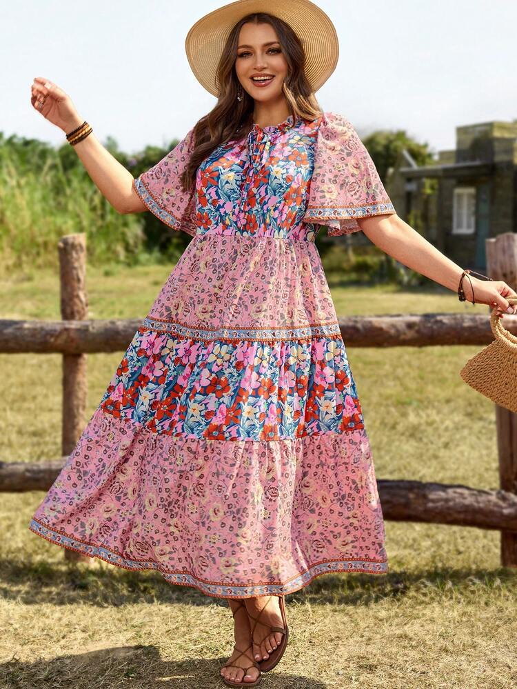 Plus Size Women's Summer Casual Vacation Country Pink Ditsy Floral Print Patchwork Chiffon Long Dress,Summer Outfits For Women ,Vacation Outfits Women ,Holiday Outfits For Women,Going Out Outfits,2026 New Clothes,Simple And Fashionable For Everyday Wear,Suitable For Summer, Vacation, Daily Wear, Festival Outfits For Women,Country Concert Outfit,Beach Outfits For Women,Western Style,Flowy Dress ,Ruffle Dress