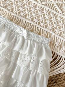 Shorts blancos con volantes y cintura elástica, lindos para bebé niña, de verano - Blanco - Ver 7