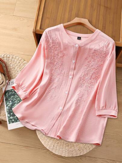 Linhara 大码女式刺绣休闲浪漫百搭衬衫，适合日常穿着和通勤，春夏款