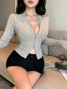 DAZY 女士条纹纯色拼接长袖T恤，适合春季、夏季、秋季、音乐节、情人节、休闲、户外、度假等场合穿着。 - 灰色 - 查看 2