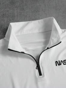 Manfinity ZONE917 男士字母图案四分之一拉链运动夹克，适合返校季和秋季穿着，透气吸汗，超柔软，四分之一拉链设计，修身剪裁，轻薄运动夹克，压缩衣 - 白色 - 查看 2