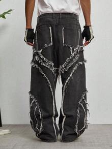 GALLERY FADE Men's Casual Street Style Distressed Flared Leg Grey Jeans - Dark Grey - View 2