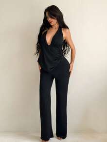 Sirith Backless V-Neck Fitted Jumpsuit, Elegant Sexy Minimalist Versatile Spring/Autumn - Black - View 4