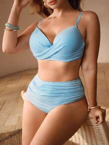 Swim Vcay Set da bagno due pezzi in tessuto strutturato, con parte superiore tankini di supporto e parte inferiore a vita alta con arricciature, stile elegante da spiaggia e vacanza, taglie comode - Blu e Bianco - Visualizzare 7