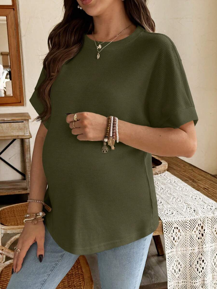 SHEIN Solid Color Round Neck Short Sleeve Casual Maternity Top - Army Green - View 1