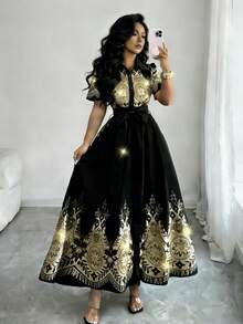 Elenzga 女士优雅印花翻领连衣裙 - 彩色 - 查看 1