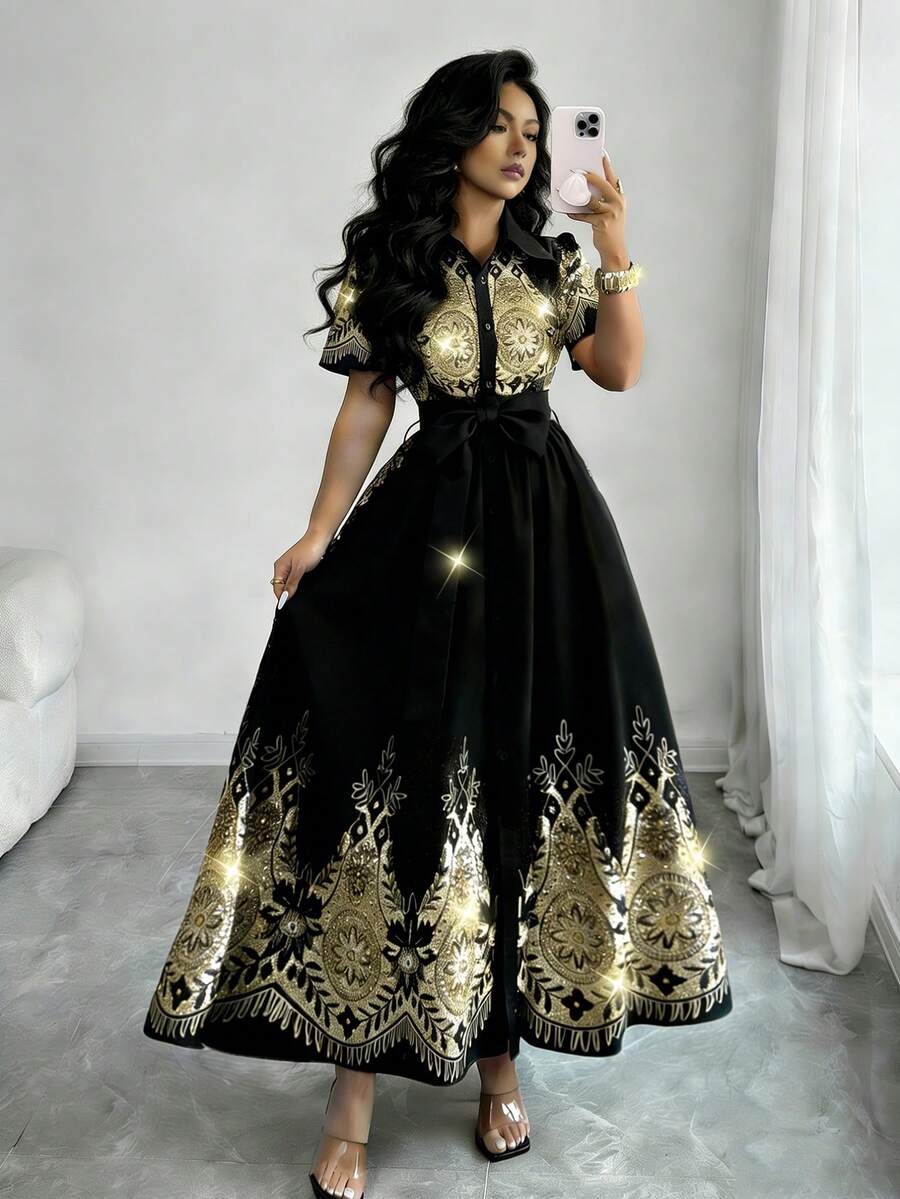 Elenzga 女士优雅印花翻领连衣裙 - 彩色 - 查看 1