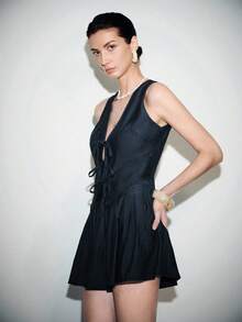 Lumivelle Women's 2-Piece Set, Denim Style Deep V-Neck Cropped Camisole With Tie Strap And A-Line Pleated Mini Skirt, Casual Street Chic Fashion For Daily, Holiday - Dark Green - View 4