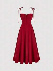 SHEIN MOD Women's Red Lace-Up Halter Tea Dress, Valentine's Day Dress, Date Dress, Afternoon Tea Dress, New Year's Dress, Wedding Dress. - Fiery Red - View 1