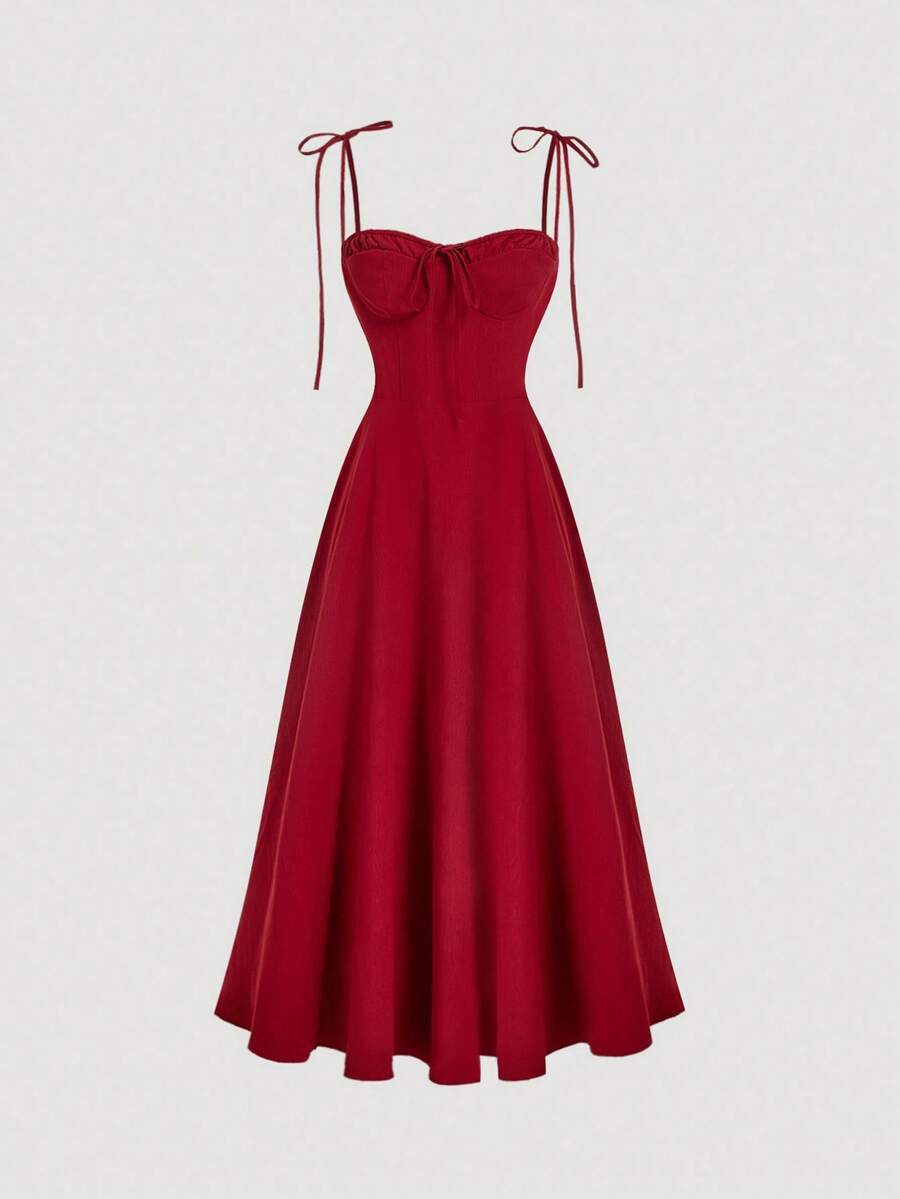 SHEIN MOD Women's Red Lace-Up Halter Tea Dress, Valentine's Day Dress, Date Dress, Afternoon Tea Dress, New Year's Dress, Wedding Dress. - Fiery Red - View 1