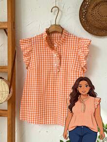 Rusticease Áo kiểu nữ cỡ lớn mùa hè dáng rộng, họa tiết kẻ caro, cổ cao, bèo nhún, tay bồng/ Áo đi nghỉ hè, phong cách đồng quê mùa xuân cho nữ. - trái cam - Xem 7