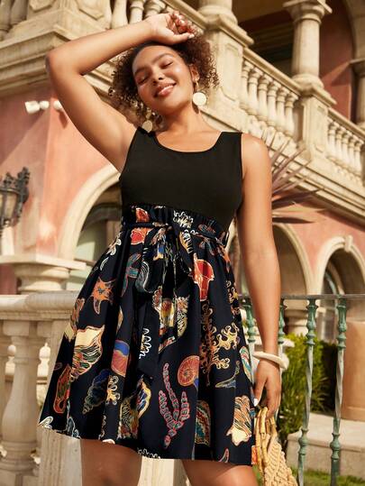 Travachic 大码女式海星印花系腰无袖连衣裙