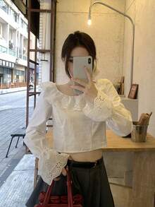 DAZY 女士荷叶边系带露背长袖衬衫 - 白色 - 查看 4