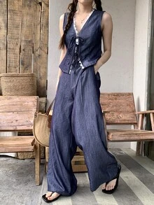 DAZY Bộ đồ hai mảnh dành cho nữ, gồm áo vest ren chắp vá kiểu Pháp cổ điển và quần jeans ống rộng. - Màu xanh lam - Xem 1