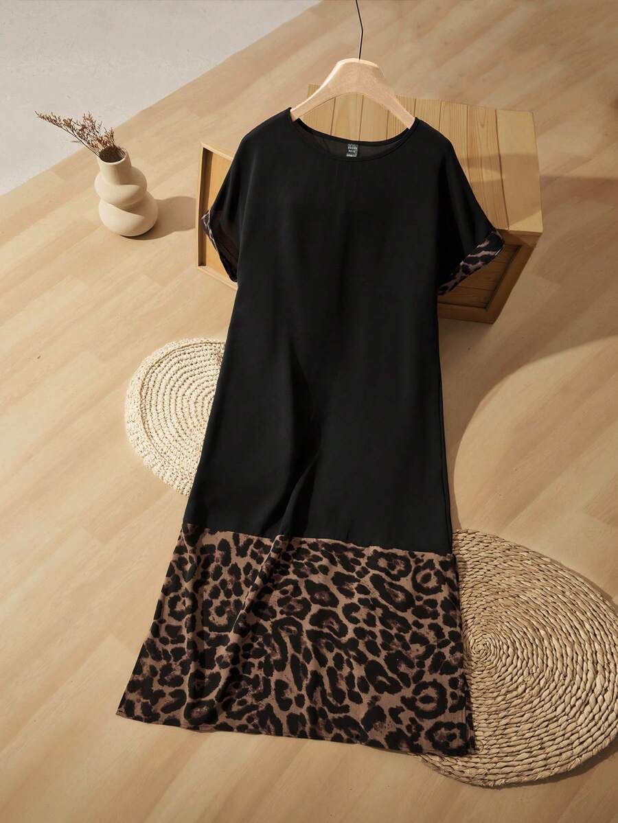 Rusticease Vestido largo de verano con cuello redondo y estampado de leopardo en patchwork para mujer - Multicolor - Ver 1