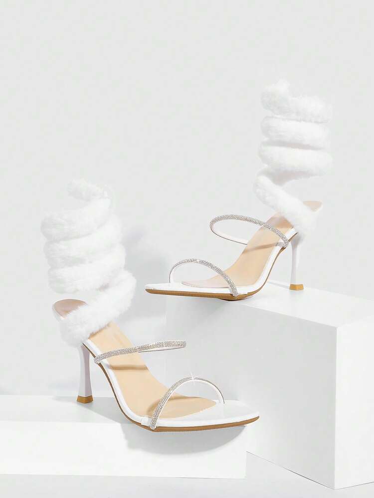 CUCCOO SZL Ladies' New Sexy Serpentine Twisted Fluff Strap White Rhinestone High Heels, Dinner Party Dating Dress Stiletto Sandals Spring Shoes