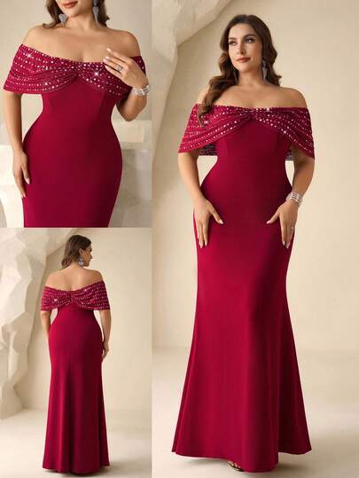 Coutiva Plus Size Elegant Sequin Pleated Off-Shoulder Formal Evening Gown Elegant Sequin Embellished Dress, High-End Formal Gown For Banquet Women's Formal Evening Dress Gown (Heavy Embroidery) Women Rhinestone Embellished Sheer Red Long Evening Gown, Wedding Guest Dress, Elegant Evening Dress, Prom Dress, For Wedding Dress Waist And Chest Slimming, Party Dress, Formal Dress