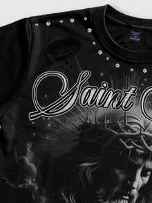 ROMWE MEN Street Life 男士街头风耶稣印花短袖T恤 - 黑色 - 查看 5