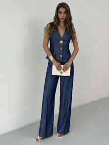 Aloruh Conjunto de 2 piezas de chaleco sin mangas con cuello en V y botones metálicos de un solo botonadura, y pantalones rectos de pierna ancha, en color azul sólido tipo denim sintético para mujer - Azul Marino - Ver 4