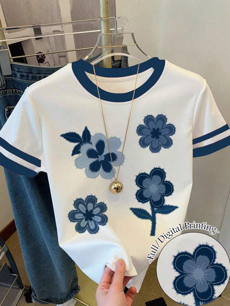 少女复古碎花短袖圆领T恤,适合夏季、休闲穿着、返校季、姐妹装、度假、情人节等场合。深蓝色白色碎花衬衫,少女春季T恤,可爱唯美夏季衬衫。 - 彩色 - 查看 1