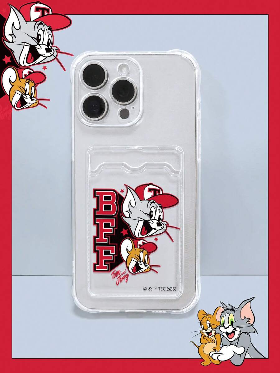 TOM & JERRY X SHEIN Tom & Jerry Cat & Mouse BFF Cartoon Clear TPU Card Holder Phone Case, Lens-Protective Shockproof Anti-Scratch Cover With Card Slot, Nostalgic Anime Daily Gift Accessory, Fundas,Compatible With IPhone Case,Covers,Compatible With IPhone 16/Compatible With IPhone 17/Compatible With IPhone 17 Pro Max/Compatible With Iphone 17 Pro Cell Phone Case, Quick Ship - Clear - View 1