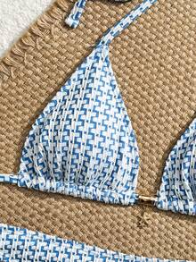 Swim Vcay 2pcs Textured Halter Neck Tie Bikini Set, Spring/Summer - Blue and White - View 10