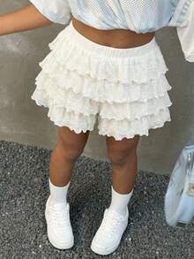 Girlism Tween Girls' Apricot & White Woven Textured Layered Ruffle Hem Casual Vacation Shorts Skirt - Apricot - View 4