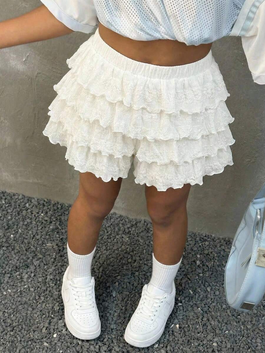 Girlism 少女杏色和白色编织纹理层叠荷叶边下摆休闲度假短裙 - 杏色 - 查看 1