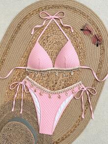 Swim Vcay Bộ bikini Springbreak gồm áo yếm và quần tam giác buộc dây bên hông, chất liệu vải dày dặn, thích hợp cho các bữa tiệc biển mùa hè, bikini họa tiết biển với phụ kiện móc len, bộ bikini phong cách boho. - Hồng - Xem 1