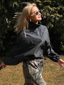 DAZY Women's Turndown Collar Short Hem Drawstring Casual Jacket, Vacation & Street Style - Black - View 2