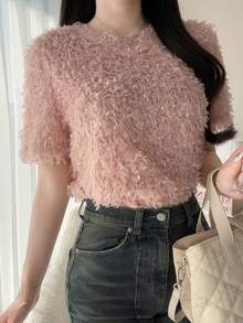 FRIFUL Damen einfarbiges Textil-T-Shirt mit kurzen Ärmeln, figurbetonter Passform, vielseitig einsetzbar, Frühling/Sommer - Altrosa - Übersicht 3