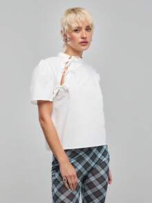 COUREZ Top con mangas abullonadas y detalle de lazo / Top lindo estilo Y2K para salir, sexy - Blanco - Ver 5