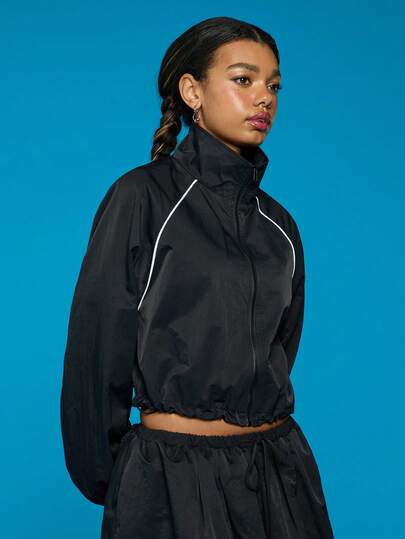 COUREZ High Neck Cropped Track Jacket In Nylon  With Piping Detail /Y2K Spring Clothes For Women Lightweight Black Jackets For Women Sporty Jackets Summer Festival Outfits Summer Jackets Summer Outfits