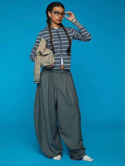 COUREZ Baggy Balloon Trousers With Belt Datail /Y2K Spring Clothes For Women Grey Trousers For Women Baggy Trousers Going Out Outfits Summer Trosuers Summer Outfits