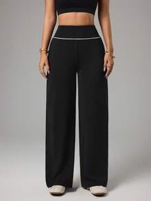 Dewbera Dewbera Pantalones anchos de mujer para yoga, deportes, fitness al aire gimnasio, con cintura con rayas de color contrastante, básicos y casuales - Negro - Ver 5