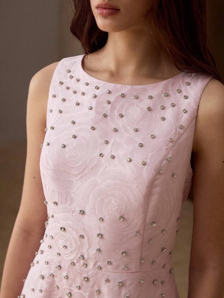 ROSE JACQUARD DIAMOND EMBELLISHED ELEGANT SLEEVELESS MIDI DRESS