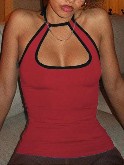 INAWLY Women's Color Block Halter Tie Waist Fitted Casual Blouse