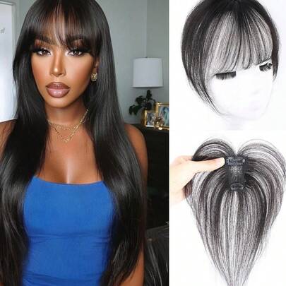 4x6厘米真人发片，带刘海，隐形瑞士网发片，直发片，增加发量，发片，安全夹子，女士适用