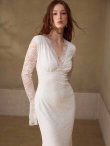 MOTF PREMIUM Đầm ôm sát cổ chữ V gợi cảm kiểu nàng tiên cá, đầm ren tuyệt đẹp độc đáo, 2026 - trắng - Xem 4