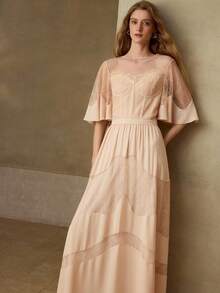 MOTF PREMIUM WOMEN'S ROMANTIC ELEGANT LACE PATCHWORK A-LINE RUFFLE SLEEVE DRESS - Beige - View 7