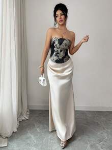 Elenzga 缎面褶皱腰部露背碎花短款上衣和修身鱼尾裙套装，优雅法式性感度假装 - 香檳色 - 查看 5