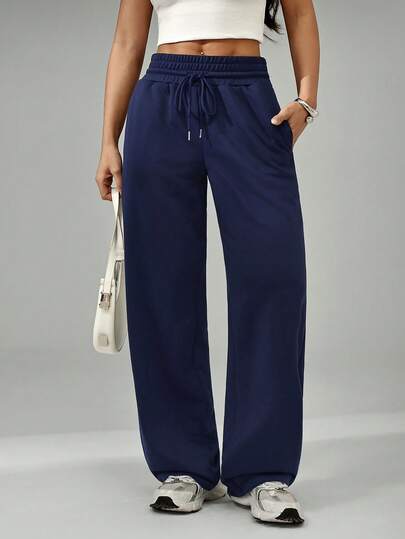 SHEIN PETITE Navy Blue Straight Loose Casual Sweatpants